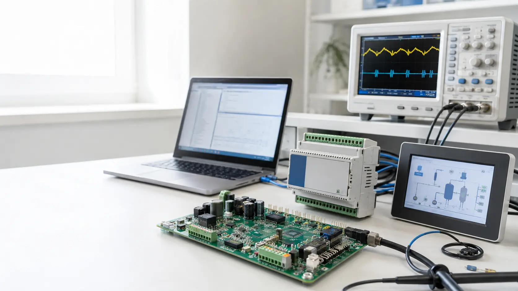 Engineering bench with PCB, industrial controller, HMI and measurement equipment